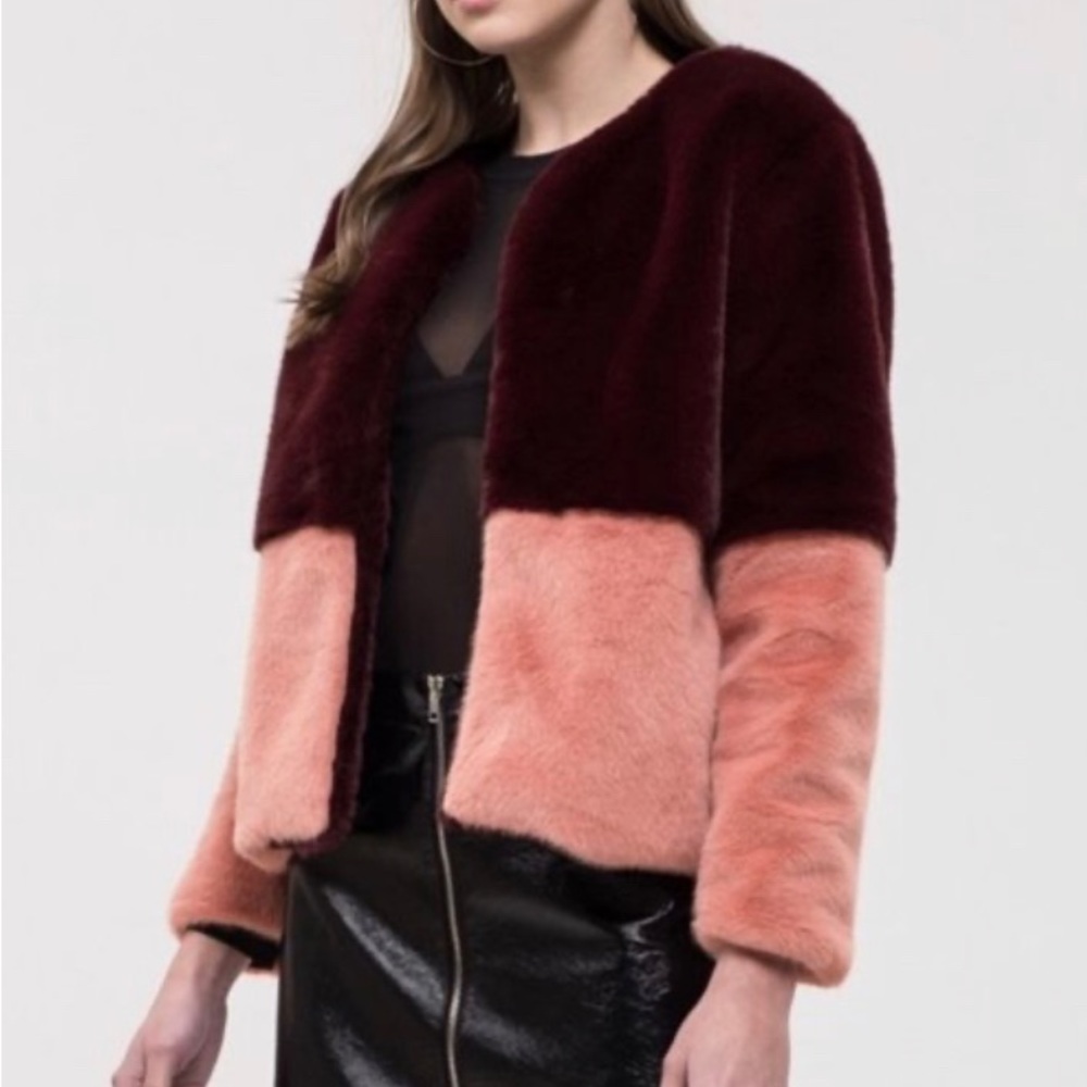 Out at Night Pink and Burgundy Color Block Faux Fur Jacket